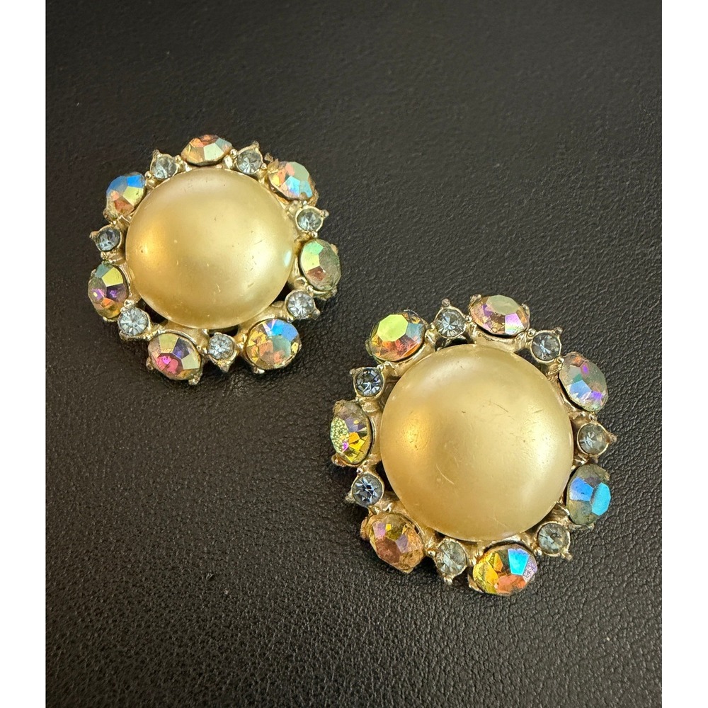 Vintage AB Rhinestone Earrings Clip Ons Faux Pearl Aurora Borealis Gold Tone